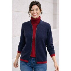 Pendleton Merino Wool Navy Zip-Up Cardigan Sweater With Red Trim Medium